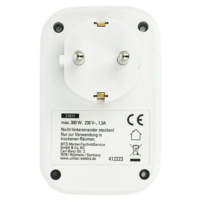 Voltomat Zwischenstecker - Weiß, 230 V, Max. Anschlussleistung: 3.680 W - Abgebildeter weißer Stecker mit technischen Details wie maximal 300 W Leistung, CE-Kennzeichnung und Herstellerinformationen.