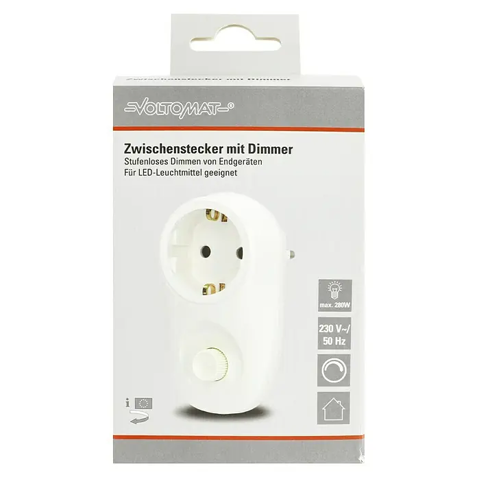 Voltomat Zwischenstecker - Dimmer, Max. Anschlussleistung: 280 W - Abbildung eines Zwischensteckers mit Dimmer von VOLTOMAT zum stufenlosen Dimmen von Endgeräten, geeignet für LED-Leuchtmittel mit max. 280W.