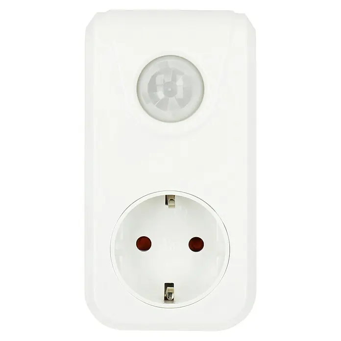 Voltomat Zwischenstecker - Bewegungsmelder, Max. Anschlussleistung: 3.680 W - Nahaufnahme eines weißen Steckdosenadapters mit Bewegungssensor, ideal für intelligente Hausautomation und Energieeinsparung.