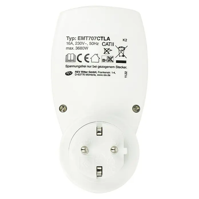 Energiekosten-Messgerät Digital - 3.680 W - Nahaufnahme eines weißen REV EMT707CTLA-Steckers mit technischen Details und Sicherheitszertifizierungen.