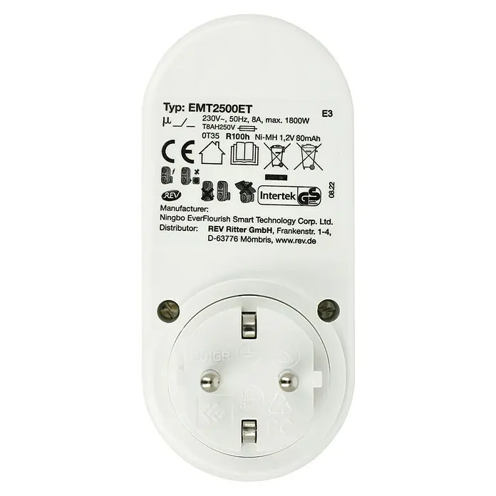 REV Tages-Zeitschaltuhr - Digital, Max. Anschlussleistung: 1.800 W - Aufnahme des EMT2500ET-Timers, der die technischen Details, Zertifizierungen und Herstellerinformationen zeigt.