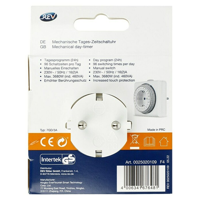 REV Tages-Zeitschaltuhr Kompakt (Mechanisch, 3.680 W, Schaltzeiten: 96 pro Tag, Min. Schaltabstand: 15 min)