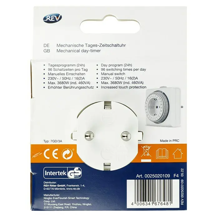 REV Tages-Zeitschaltuhr Kompakt - Mechanisch, 3.680 W, Schaltzeiten: 96, Min. Schaltabstand: 15 min - Das REV mechanische Tages-Zeitschaltuhr-Produktbild zeigt die Verpackung mit technischen Details und das Produkt selbst, das für zeitgesteuerte Schaltungen verwendet wird.