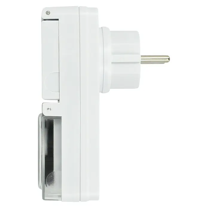 Temporizador para exterior - Mecánico, Gris / Verde, 3.500 W - Un enchufe blanco con temporizador digital diario en orientación vertical, perfecto para automatizar dispositivos.
