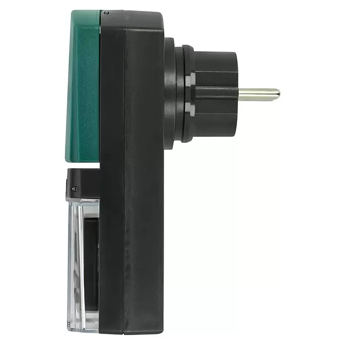 Voltomat Außen-Zeitschaltuhr - Digital, 1.800 W - Schwarze und grüne elektronische Zeitschaltuhr mit Klarsichtabdeckung und europäischem Stecker.