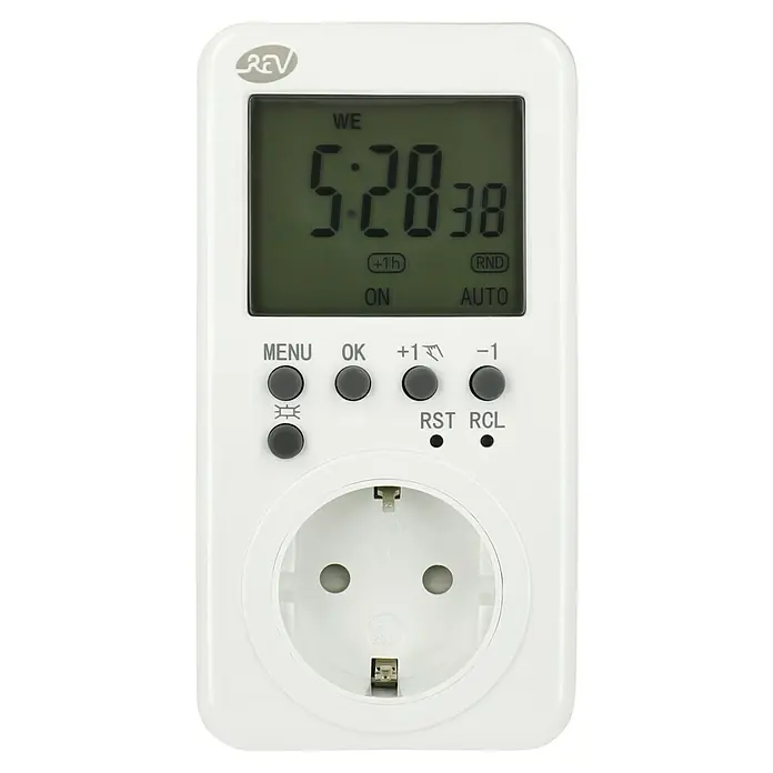 REV Wochen-Zeitschaltuhr - Elektronisch, Weiß - Weiße, digitale Zeitschaltuhr für Steckdosen mit LCD-Display zur Steuerung von elektrischen Geräten.