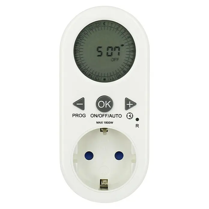 REV Tages-Zeitschaltuhr - Digital, Max. Anschlussleistung: 1.800 W - Eine Zeitschaltuhr mit digitaler Anzeige, Tasten für die Programmierung und einer Steckdose für den Einsatz im Haus.