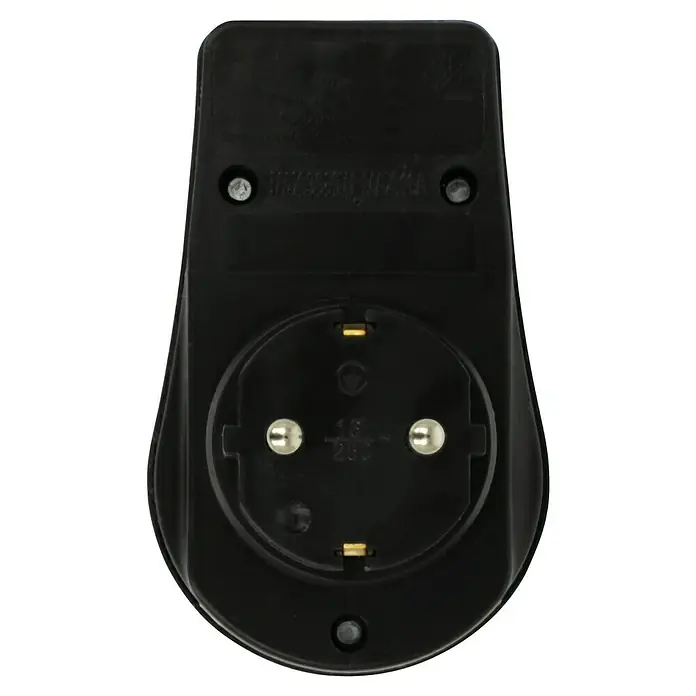 UniTEC Zwischenstecker - Ein-/Ausschalter, 3.500 W, IP44 - Nahaufnahme einer schwarzen Schuko-Steckdose, die eine sichere und zuverlässige Stromverbindung für elektronische Geräte gewährleistet.