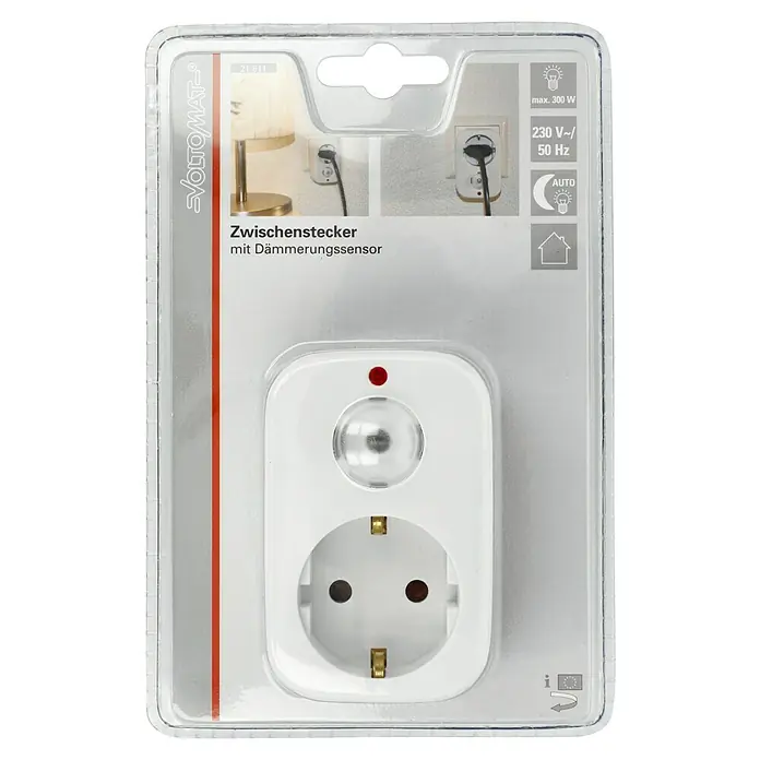 Voltomat Zwischenstecker - Weiß, 230 V, Max. Anschlussleistung: 3.680 W - Eine Voltomat Zwischensteckdose mit Dämmerungssensor in der Verpackung. Ideal für die automatische Steuerung von Lampen.
