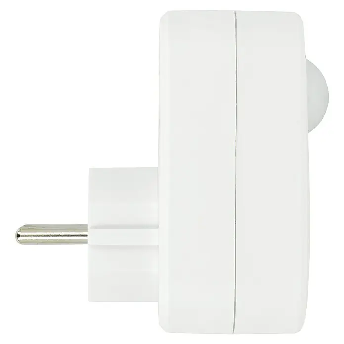Voltomat Zwischenstecker - Weiß, 230 V, Max. Anschlussleistung: 3.680 W - Weißer Smart-Stecker im Detail, mit Fokus auf Design und Funktionalität, ideal für Hausautomation und Energieverwaltung.