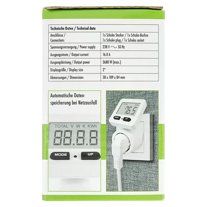 Schwaiger Energiekosten-Messgerät STEM1180 - 230 V, Display, Max. Anschlussleistung: 3.680 W - Weißes Energiemessgerät in eine Steckdose gesteckt, mit technischen Daten und Displaydetails.