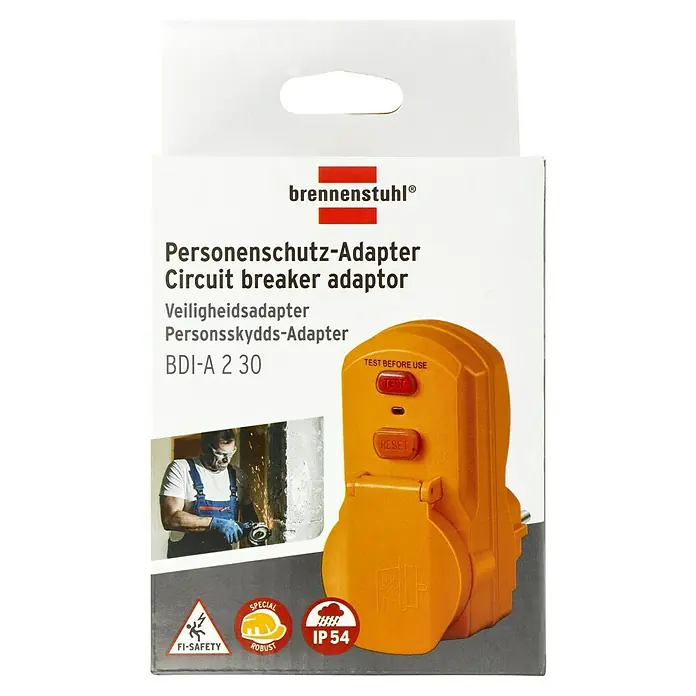 Brennenstuhl Schutzadapter BDI-A 2 30 - Polanzahl: 2 Stk., IP54, 16 A, Gelb - Personen Schutz Adapter von Brennenstuhl, ein Zwischenstecker mit Fehlerstromschutzschalter für erhöhte Sicherheit bei Elektroarbeiten.