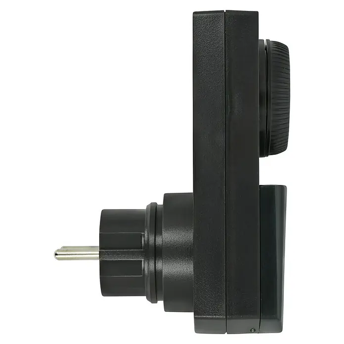 REV Zeitschaltuhr - Mechanisch, Schwarz/Grün, Max. Anschlussleistung: 1.000 W - Ein seitlicher Blick auf einen schwarzen elektronischen Zeitschaltuhr-Stecker. Das Gerät verfügt über einen Drehknopf zur Einstellung von Zeitintervallen.