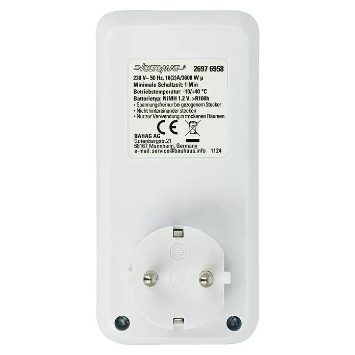 Voltomat Zeitschaltuhr - Digital, Weiß, Max. Anschlussleistung: 3.600 W - Abbildung eines weißen VOLTOMAT-Steckers mit Informationen zu Spannung, Frequenz und Temperaturbereich.