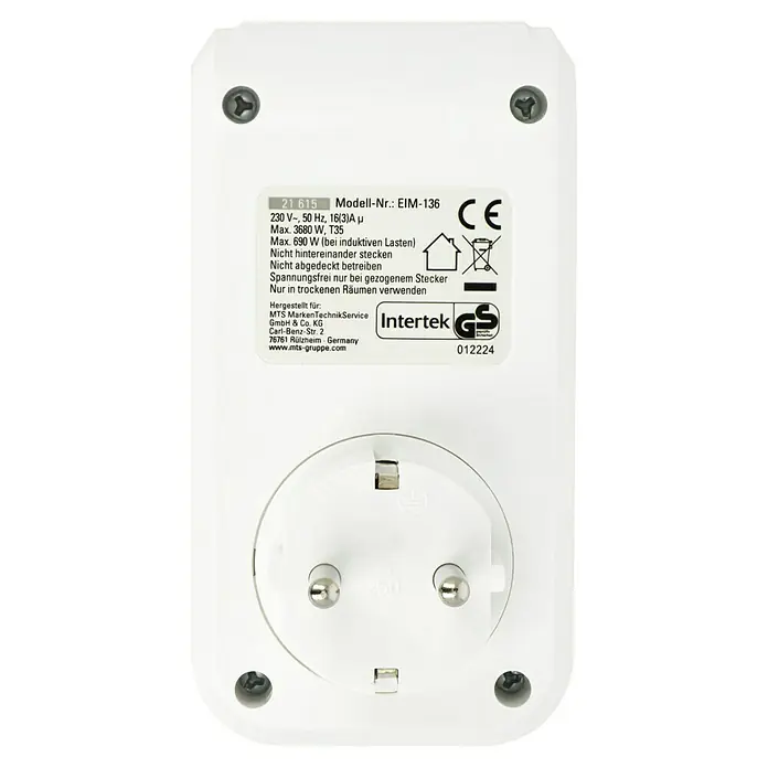 Voltomat Zwischenstecker - Bewegungsmelder, Max. Anschlussleistung: 3.680 W - Abbildung eines weißen Netzsteckers mit Informationen zu Modellnummer, Leistung und Hersteller.