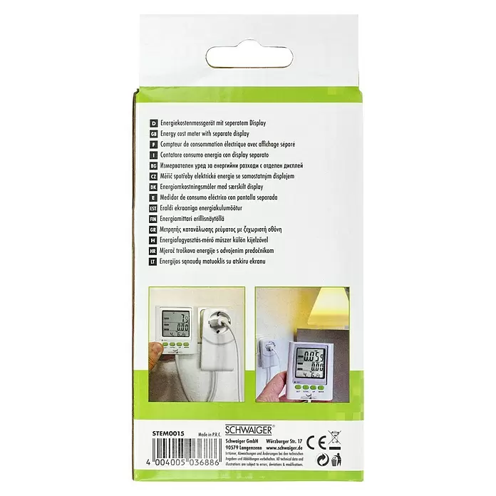 Schwaiger Energiekosten-Messgerät STEM0015 - 230 V - Weißes Energiekostenmessgerät mit separatem Digitaldisplay, an einer Steckdose angeschlossen, zeigt den Energieverbrauch an.