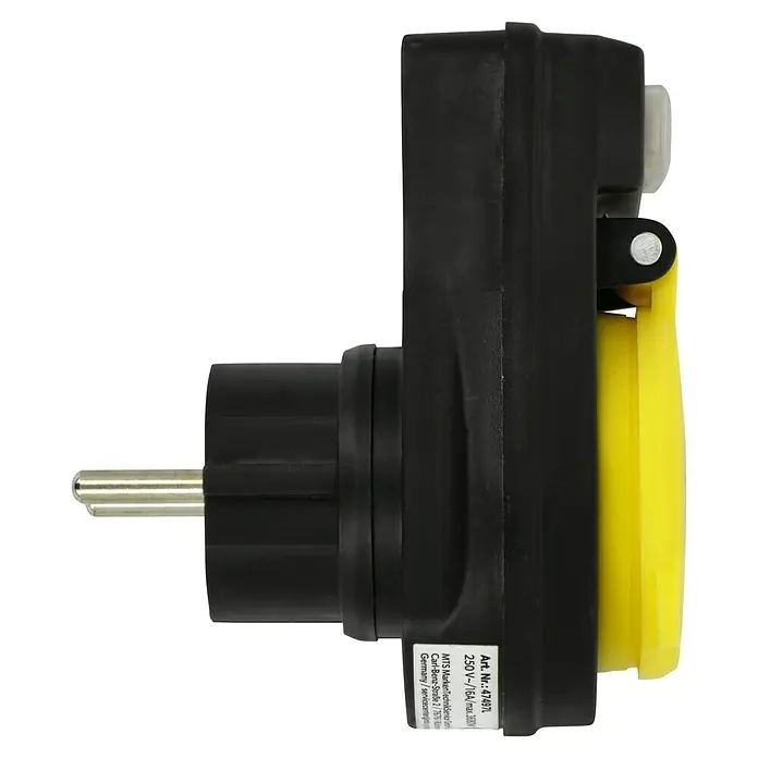 UniTEC Zwischenstecker - Ein-/Ausschalter, 3.500 W, IP44 - Nahaufnahme eines schwarzen Netzsteckers mit gelbem Rand. Der Stecker ist für 250V~/16A/max.3680 ausgelegt und von MTS MarkenTechnik Service GmbH.