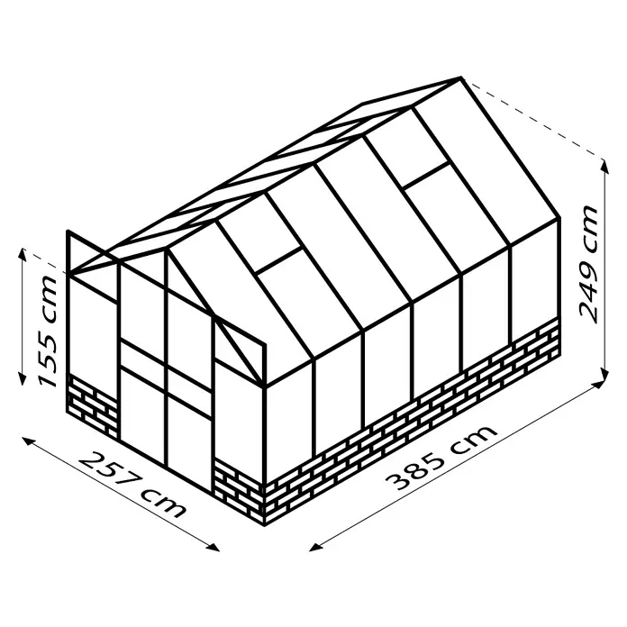 Vitavia Gewächshaus Cassandra 9900 Plus - Außenmaß inkl. Dachüberstand (B x T): 257 x 385 cm, 3 mm, Aluminium/ Basalt - Bild eines Gewächshauses mit Maßangaben. Das Gewächshaus ist aus Glas und Metall gefertigt und steht auf einem Steinfundament.