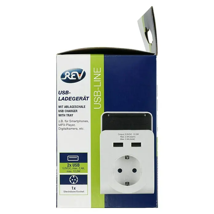 REV USB-Ladegerät Zwischenstecker - Weiß, 2 USB-Anschlüsse - Nahaufnahme der Verpackung eines REV USB-Ladegeräts mit Ablageschale und Steckdose.