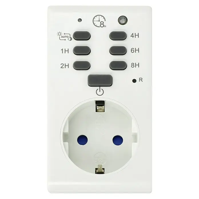 REV Zeitschaltuhr - Digital, 1.800 W - Nahaufnahme einer weißen Zeitschaltuhr mit verschiedenen Timer-Einstellungen und einer Steckdose für elektronische Geräte.