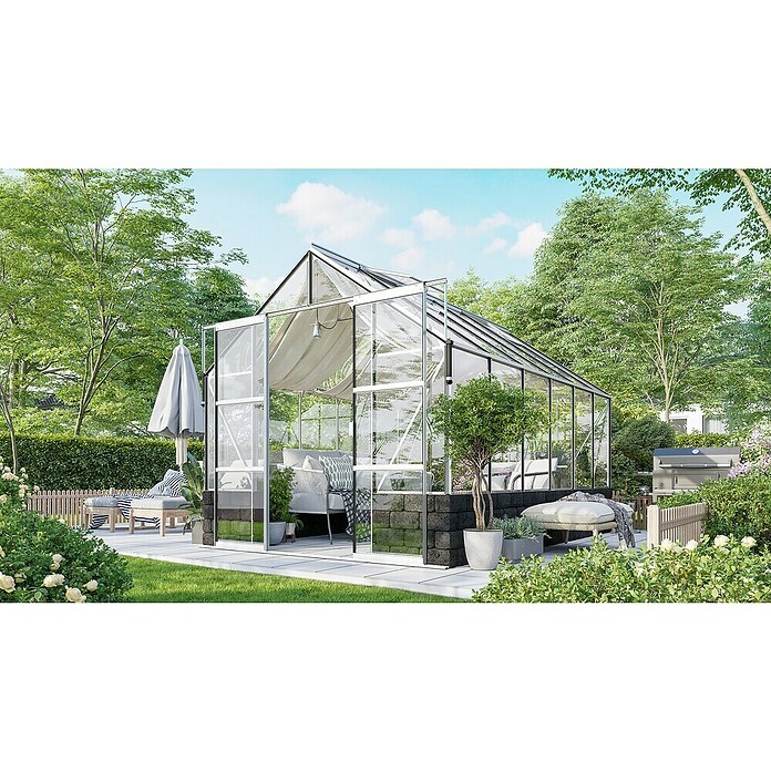 Vitavia Gewächshaus Cassandra 9900 (3,85 x 2,57 x 2,49 m, Farbe: Aluminium, Sockelmauer, Farbe Stein: Anthrazit, Einscheibensicherheitsglas (ESG))