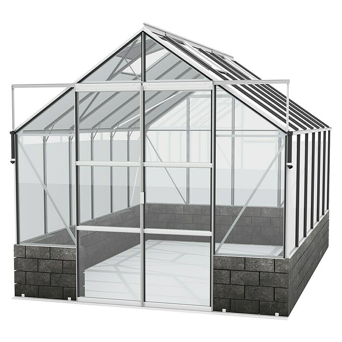 Vitavia Gewächshaus Cassandra 9900 (3,85 x 2,57 x 2,49 m, Farbe: Aluminium, Sockelmauer, Farbe Stein: Anthrazit, Einscheibensicherheitsglas (ESG))