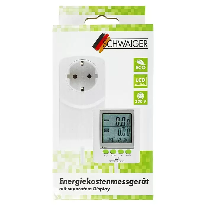 Schwaiger Energiekosten-Messgerät STEM0015 - 230 V - Weißes Energiekostenmessgerät mit separatem Digitaldisplay und integrierter Steckdose. Das Display zeigt Kosten, Verbrauch und Datum.