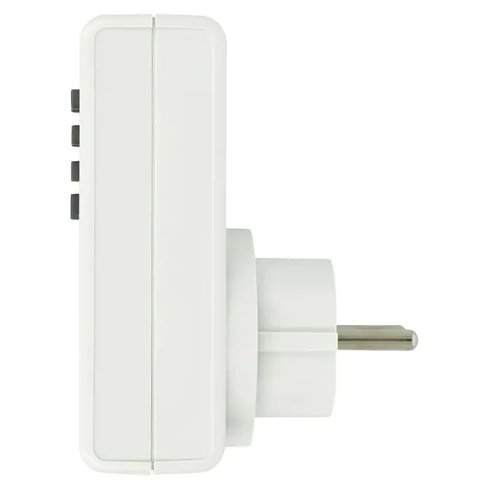 REV Zeitschaltuhr - Digital, 1.800 W - Ein weißer Smart Plug ist von der Seite abgebildet und zeigt den Stecker. Er ermöglicht die Steuerung von Geräten über eine App oder Sprachsteuerung.