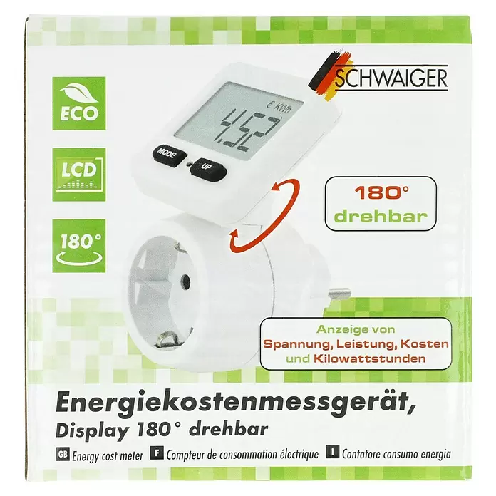 Schwaiger Energiekosten-Messgerät STEM1180 - 230 V, Display, Max. Anschlussleistung: 3.680 W - Weißes Energiekostenmessgerät mit digitalem, 180° drehbarem LCD-Display, das "4.52 € KWh" anzeigt und zur Messung von Spannung, Leistung, Kosten dient.