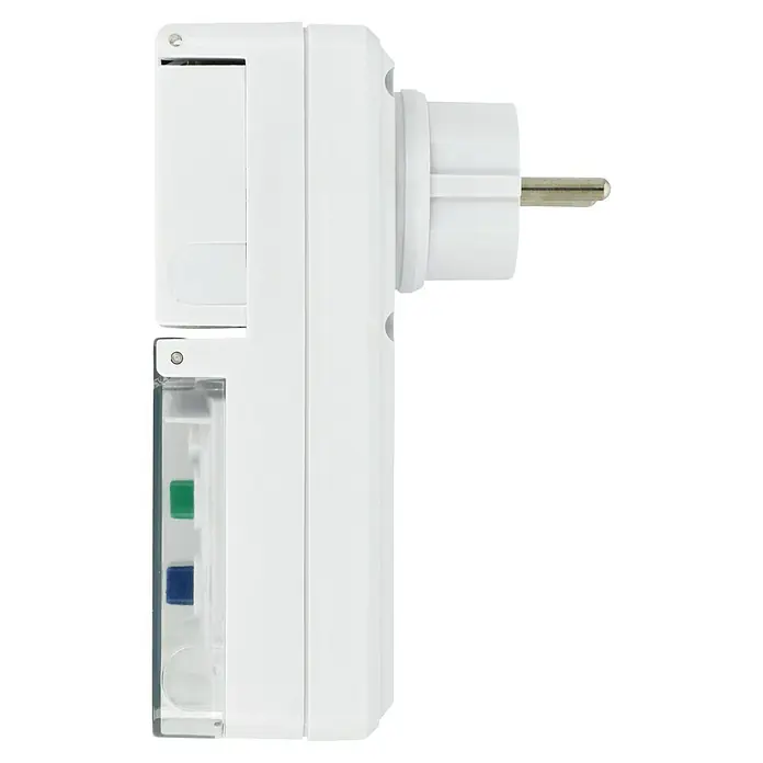 FI-Steckdose Fehlerstrom - Weiß, 16 A, Bemessungsfehlerstrom: 30 mA - Eine Nahaufnahme eines weißen Smart-Home-Zwischensteckers mit integriertem Stromverbrauchsmesser. Ideal für die Energieüberwachung im Haushalt.