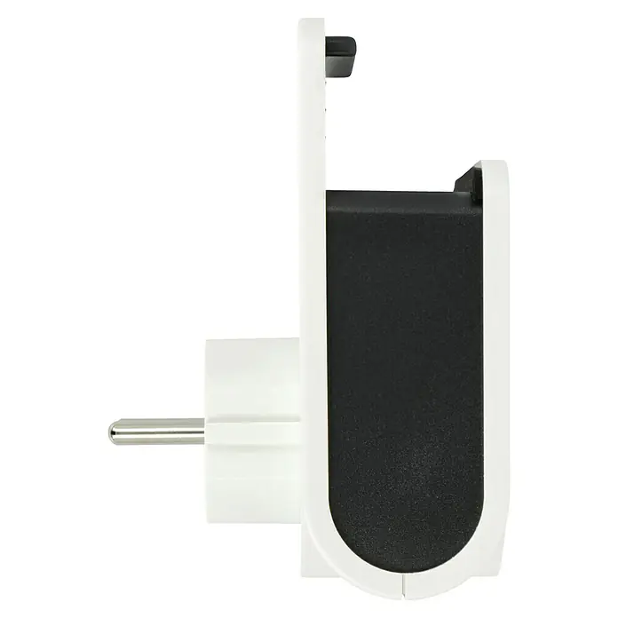 REV USB-Ladegerät Zwischenstecker - Weiß, 2 USB-Anschlüsse - Seitenansicht eines weißen Wandhalterungs-Adapters mit einem Steckerstift, der sich perfekt für die Wandmontage von Geräten eignet.