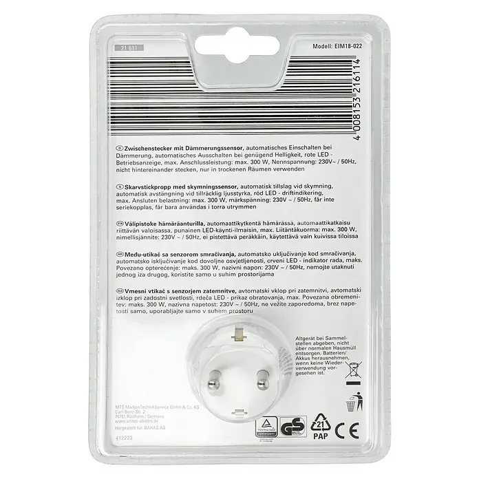 Voltomat Zwischenstecker - Weiß, 230 V, Max. Anschlussleistung: 3.680 W - Socket with dusk sensor, automatic on at dusk, automatic off when bright.
