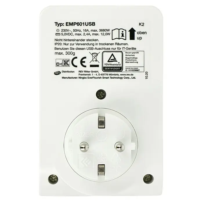 REV USB-Ladegerät Zwischenstecker - Weiß, 2 USB-Anschlüsse - Nahaufnahme eines weißen EMP601USB-Adapters mit technischen Daten, CE-Kennzeichnung und Herstellerinformationen für sichere Verwendung.