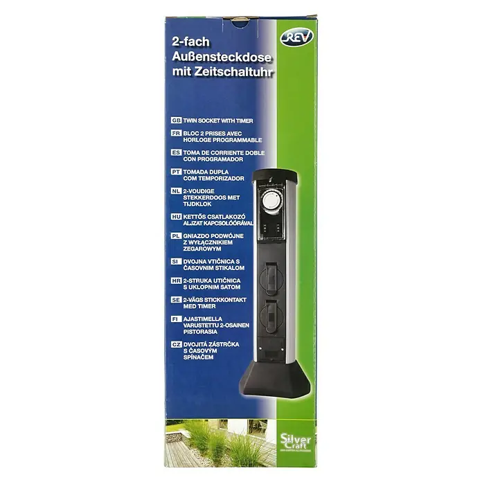 REV Energiesäule - Anzahl Steckdosen Schuko: 2 Stk., 50 cm, Schwarz - Abbildung einer REV 2-fach Außensteckdose mit Zeitschaltuhr, ideal für den Garten.