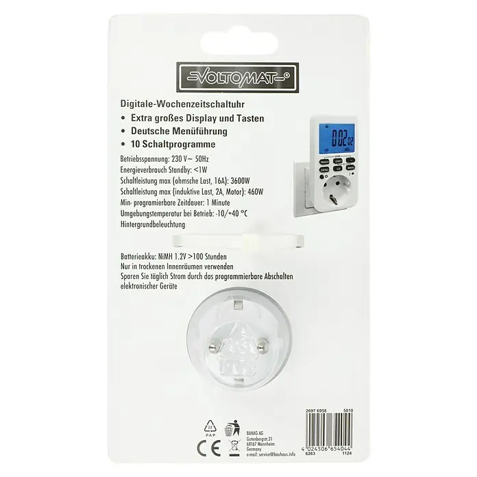 Voltomat Zeitschaltuhr - Digital, Weiß, Max. Anschlussleistung: 3.600 W - Abbildung einer VOLTOMAT Digitalen-Wochenzeitschaltuhr, die sich durch ein großes Display, einfache Bedienung und 10 Schaltprogramme auszeichnet.