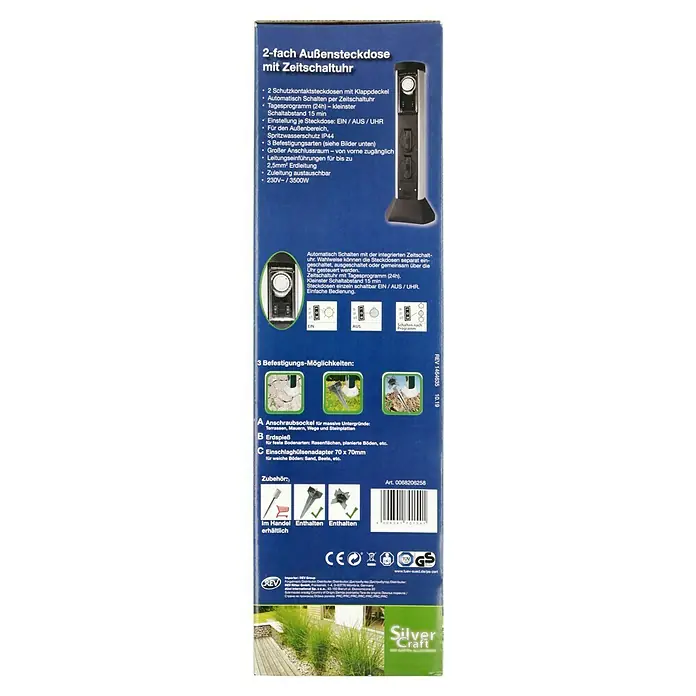 REV Energiesäule - Anzahl Steckdosen Schuko: 2 Stk., 50 cm, Schwarz - Bild der Verpackung einer 2-fach Außensteckdose mit Zeitschaltuhr von Silvercraft. Die Steckdose ist spritzwassergeschützt und für den Außenbereich.