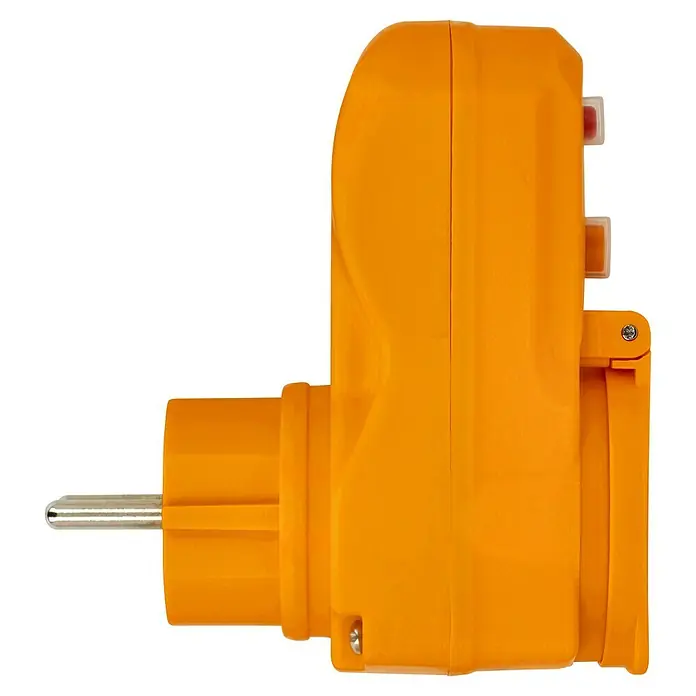 Brennenstuhl Schutzadapter BDI-A 2 30 - Polanzahl: 2 Stk., IP54, 16 A, Gelb - Orangefarbener Steckeradapter, seitliche Ansicht, ideal für Camping oder den Einsatz im Freien. Robust und zuverlässig.