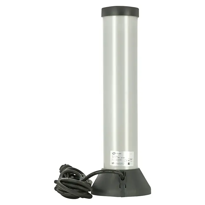 REV Energiesäule - Anzahl Steckdosen Schuko: 2 Stk., 50 cm, Schwarz - Ein Heizstrahler mit einem zylindrischen, grauen Gehäuse und einem schwarzen Fuß, ideal für den Innenbereich.