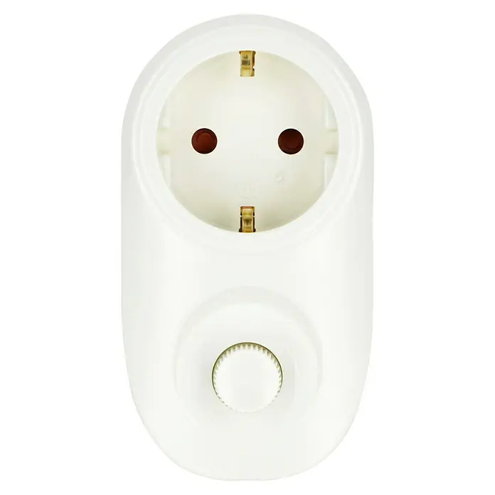 Voltomat Zwischenstecker - Dimmer, Max. Anschlussleistung: 280 W - Nahaufnahme eines weißen EU-Netzsteckers mit Dimmer, der eine praktische Möglichkeit zur Steuerung der Lichtintensität bietet.