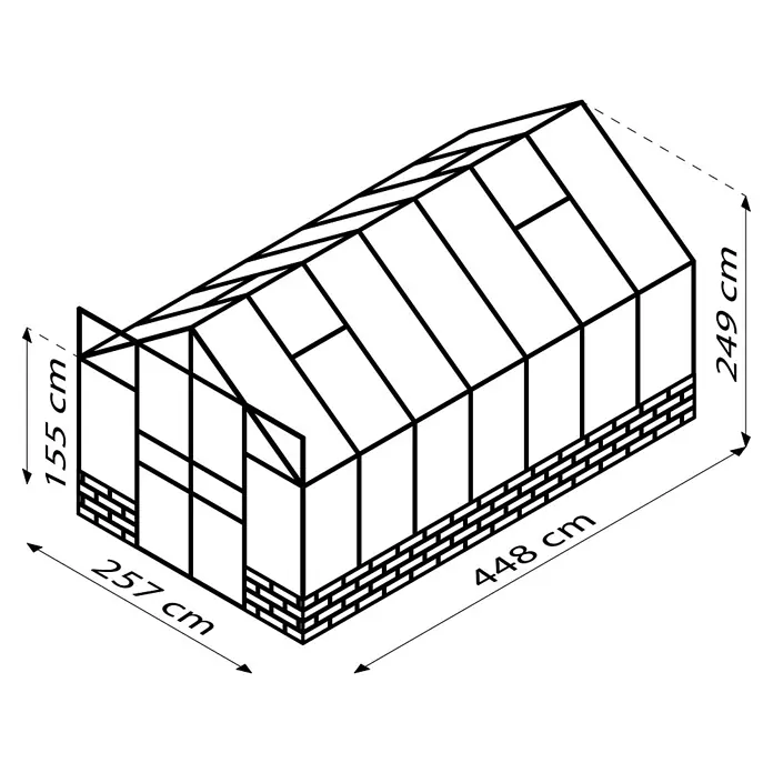 Vitavia Gewächshaus Cassandra 11500 Plus - Außenmaß inkl. Dachüberstand (B x T): 257 x 448 cm, 3 mm, Aluminium/ Basalt - Detaillierte Zeichnung eines Gewächshauses mit Maßangaben zu Länge, Breite und Höhe zur Information über die Produktabmessungen.