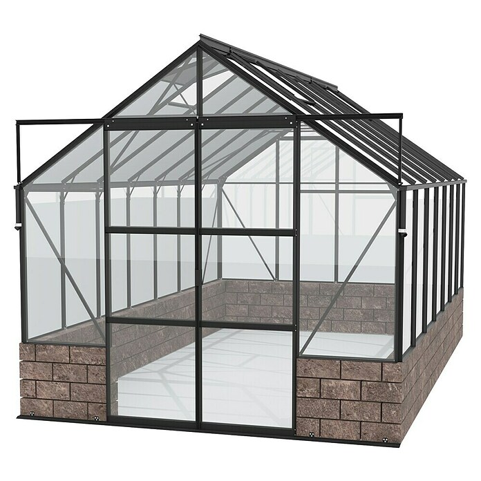 Vitavia Gewächshaus (4,48 x 2,57 x 2,49 m, Farbe: Schwarz, Sockelmauer, Farbe Stein: Sandstein, Einscheibensicherheitsglas (ESG))