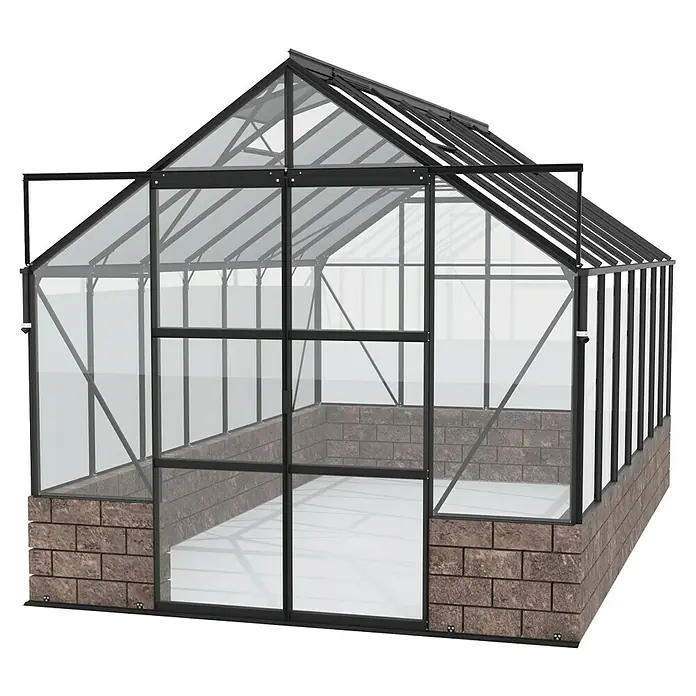 Vitavia Gewächshaus Cassandra 11500 Plus - Außenmaß inkl. Dachüberstand (B x T): 257 x 448 cm, 3 mm, Schwarz/ Herbstlaub - Ansicht eines Gewächshauses mit solidem Fundament und klaren Glaswänden, ideal für Gartenliebhaber.