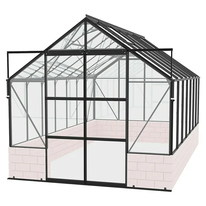 Vitavia Gewächshaus Cassandra 9900 Plus - Außenmaß inkl. Dachüberstand (B x T): 257 x 385 cm, 3 mm, Schwarz - Ansicht eines Gewächshauses mit geöffneter Tür, das auf einem niedrigen Backsteinsockel steht.