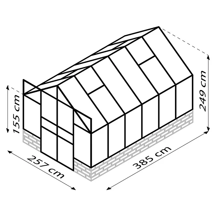 Vitavia Gewächshaus Cassandra 9900 Plus - Außenmaß inkl. Dachüberstand (B x T): 257 x 385 cm, 3 mm, Aluminium - Abbildung eines Gewächshauses mit Abmessungen. Es ist 385 cm lang, 257 cm breit und 249 cm hoch und bietet ausreichend Platz für Pflanzen.