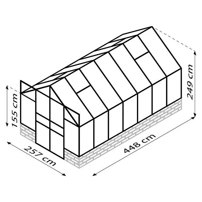 Vitavia Gewächshaus Cassandra 11500 Plus - Außenmaß inkl. Dachüberstand (B x T): 257 x 448 cm, 3 mm, Aluminium - Abbildung eines Gewächshauses mit Maßangaben.