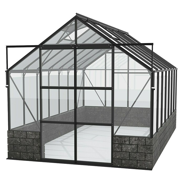 Vitavia Gewächshaus (4,48 x 2,57 x 2,49 m, Farbe: Schwarz, Sockelmauer, Farbe Stein: Anthrazit, Einscheibensicherheitsglas (ESG))