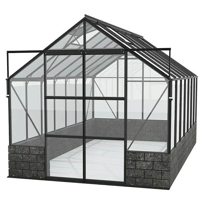 Vitavia Gewächshaus Cassandra 11500 - Außenmaß inkl. Dachüberstand (B x T): 257 x 448 cm, 3 mm, Schwarz/ Basalt - Ein Gewächshaus mit einem schwarzen Rahmen und transparenten Glaswänden, ideal für Gartenliebhaber.
