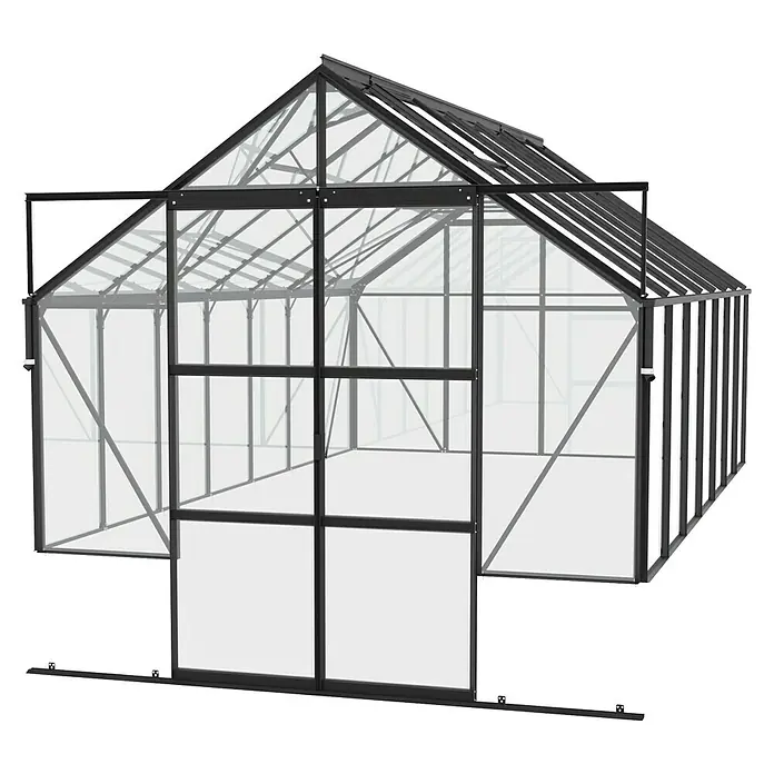 Vitavia Gewächshaus Cassandra 9900 Plus - Außenmaß inkl. Dachüberstand (B x T): 257 x 385 cm, 3 mm, Schwarz - Großes Gewächshaus mit Schiebetür für den Garten. Das Gewächshaus bietet Platz für Gemüse und Pflanzen und schützt vor Wind und Wetter.