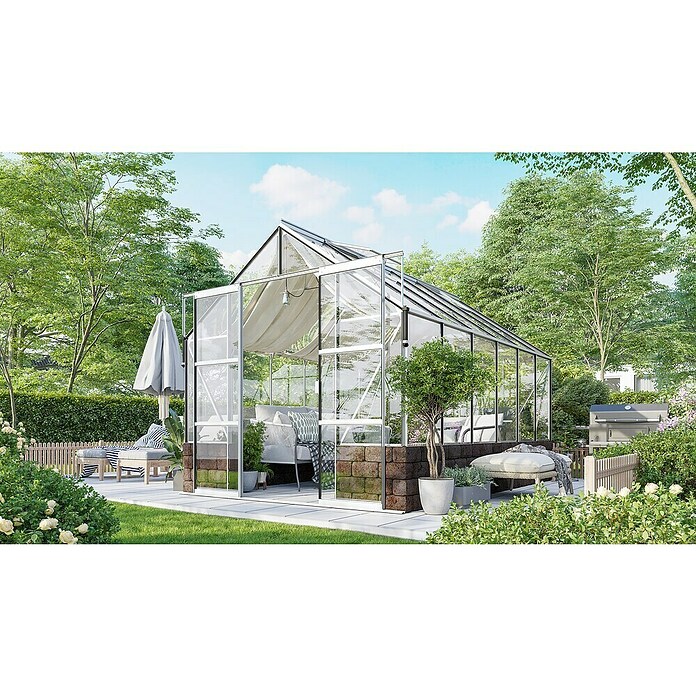 Vitavia Gewächshaus (3,85 x 2,57 x 2,49 m, Farbe: Aluminium, Sockelmauer, Farbe Stein: Sandstein, Einscheibensicherheitsglas (ESG))