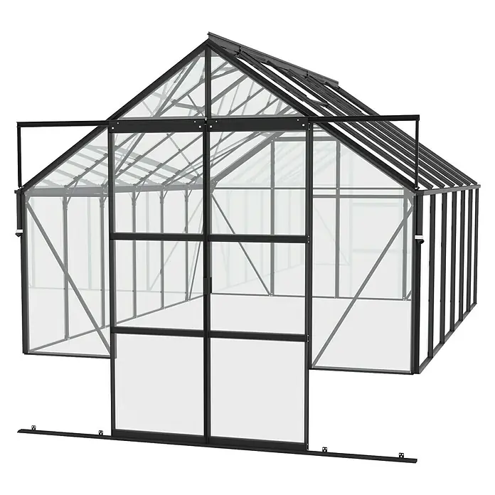 Vitavia Gewächshaus Cassandra 9900 - Außenmaß inkl. Dachüberstand (B x T): 257 x 385 cm, 3 mm, Schwarz - Das Bild zeigt ein Gewächshaus mit einem schwarzen Rahmen und transparenten Wänden, ideal für den Garten. Es bietet Schutz und optimale Wachstumsbedingungen.